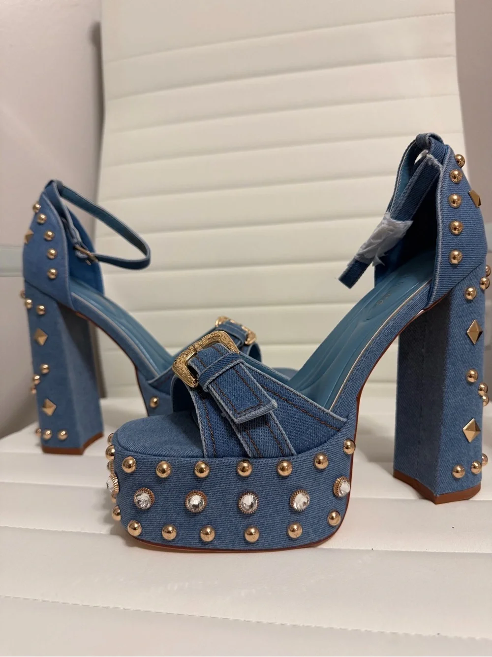 Denim Platform Stud Heels with Gold Accents - Blue